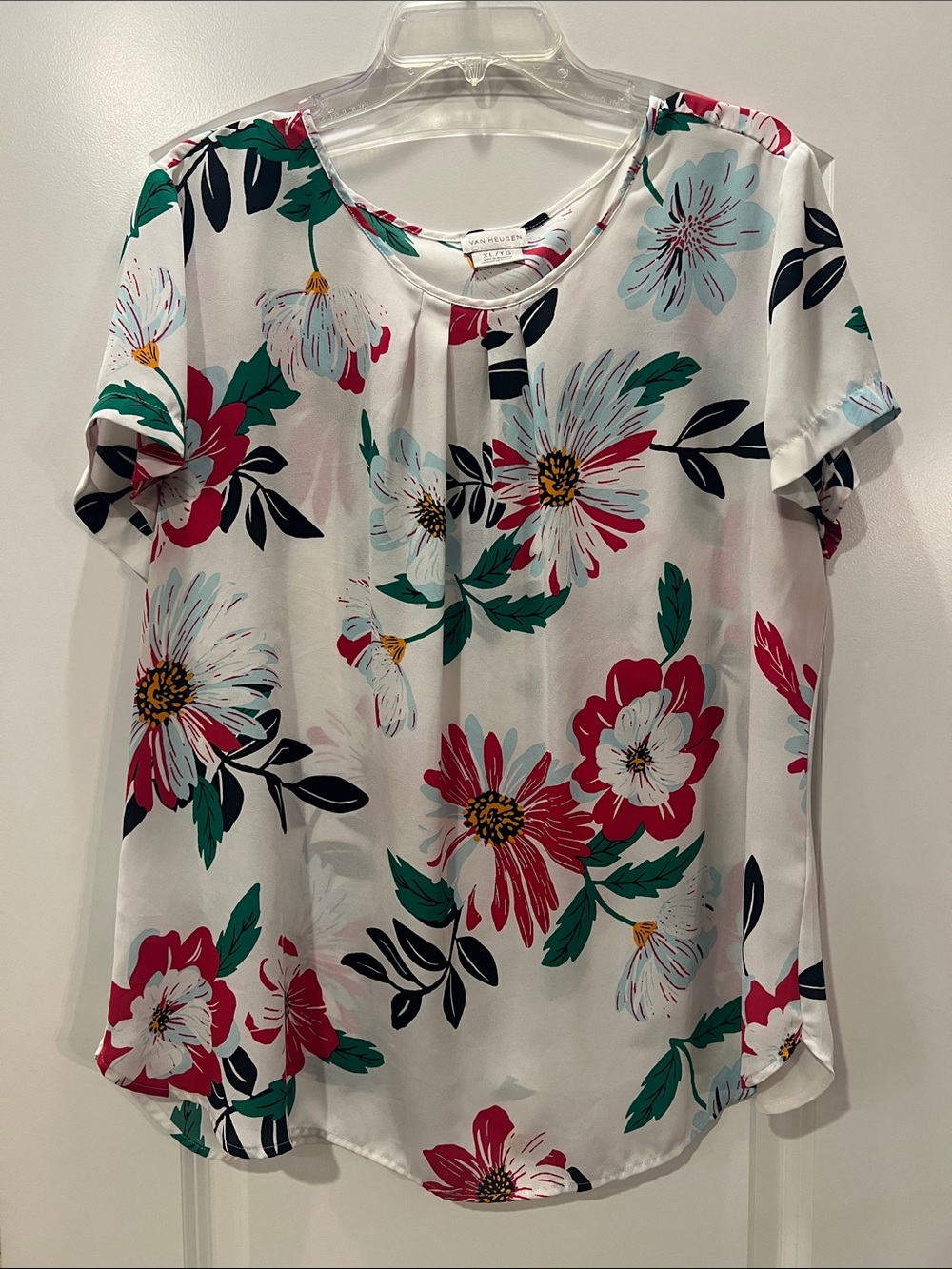 Van Heusen White Floral Short-Sleeve Blouse with Red & Teal Blooms